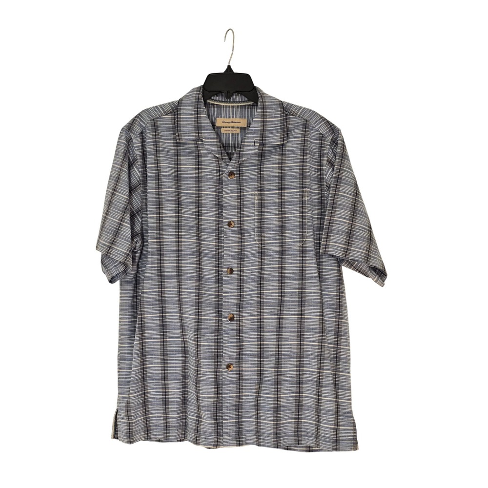 Tommy Bahama Mens Medium Blue Silk Cotton Striped Short Sleeve‎ Camp Shirt M